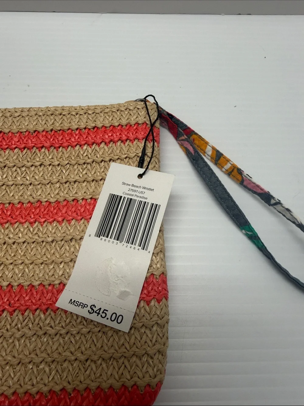 Vera Bradley Woven Straw Wristlet Pouch with Coral Stripe and Parrot Embroidery